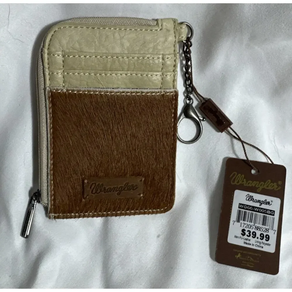 Wrangler Aztec Print Mini Zip Wallet ID Credit Card Holder Tan Hair On Hide NWT